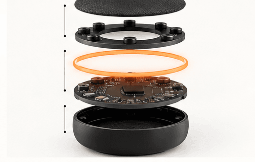 An exploded view of the Omnivox hardware: fabric top, microphone array, light ring, circuit board and shell